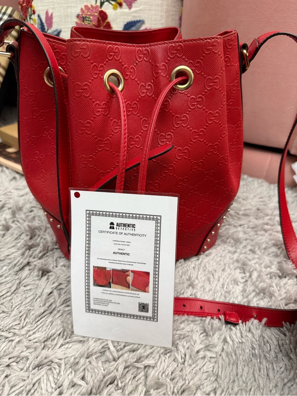 Gucci Red GG-Embossed Drawstring Bucket Crossbody